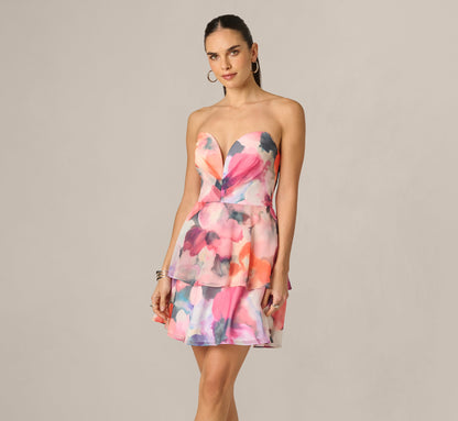 Watercolor Floral Chiffon Sweetheart Mini Dress - Pink Orange Multi | Adrianna Papell