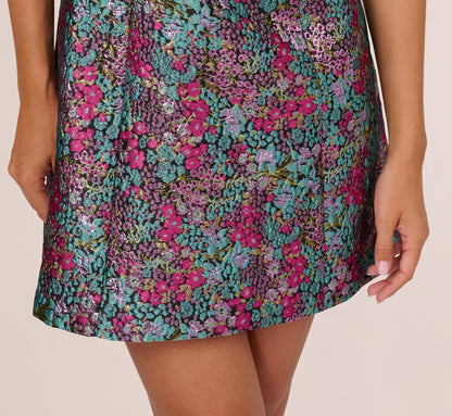 Strapless Metallic Floral Jacquard Mini Dress - Pink Blue Multi | Adrianna Papell