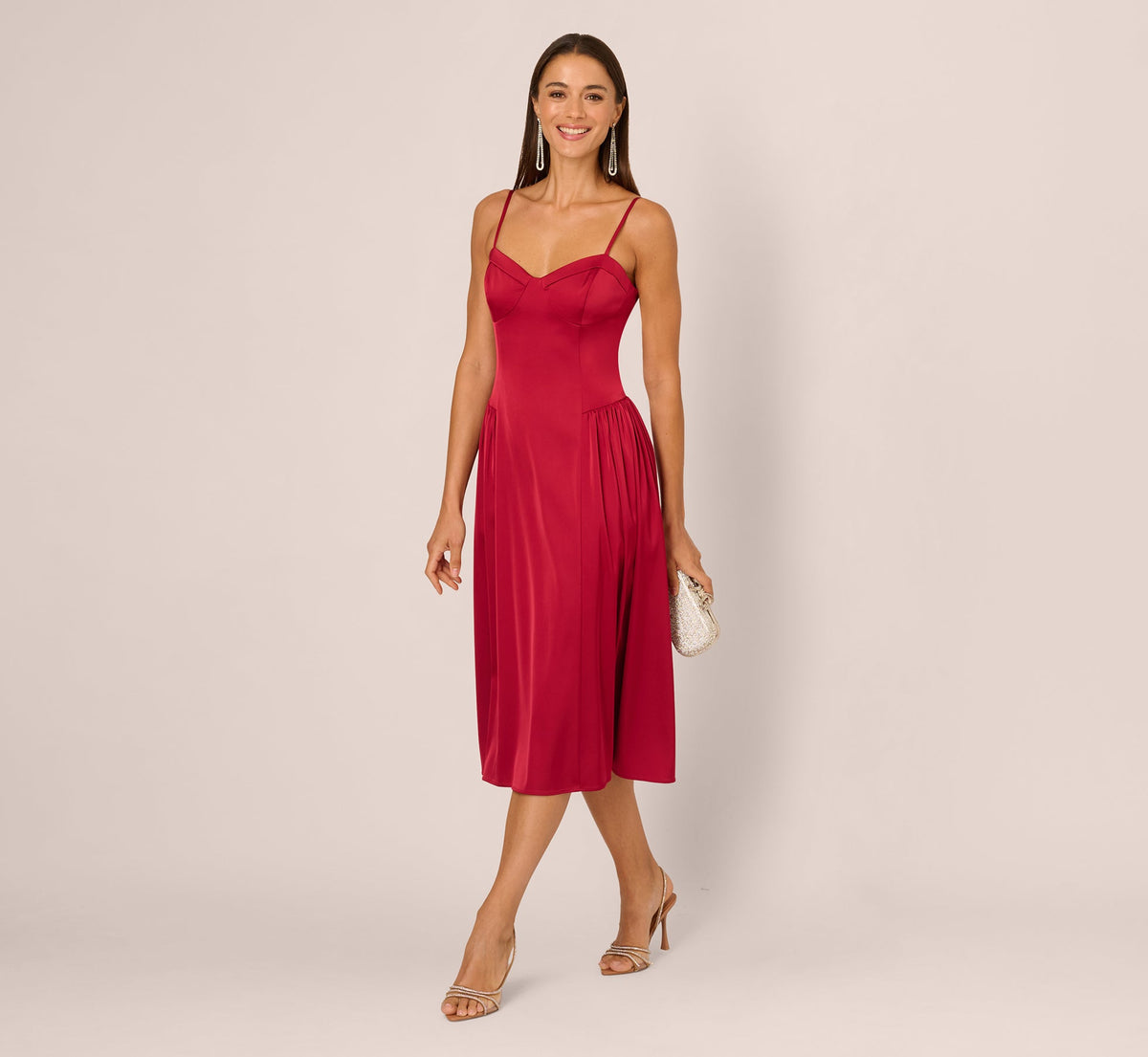 Stretch Satin Corset Back Midi Dress - Matador Red | Adrianna Papell