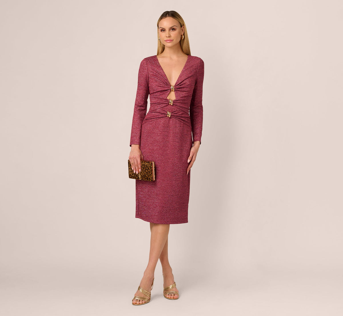 Long Sleeve Metallic Knit Midi Cocktail Dress - Crimson Haze | Adrianna Papell