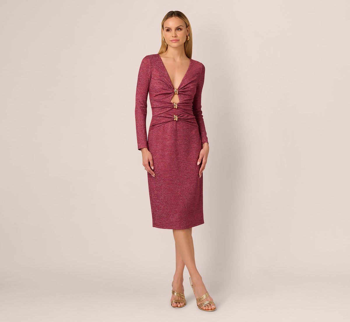 Long Sleeve Metallic Knit Midi Cocktail Dress - Crimson Haze | Adrianna Papell