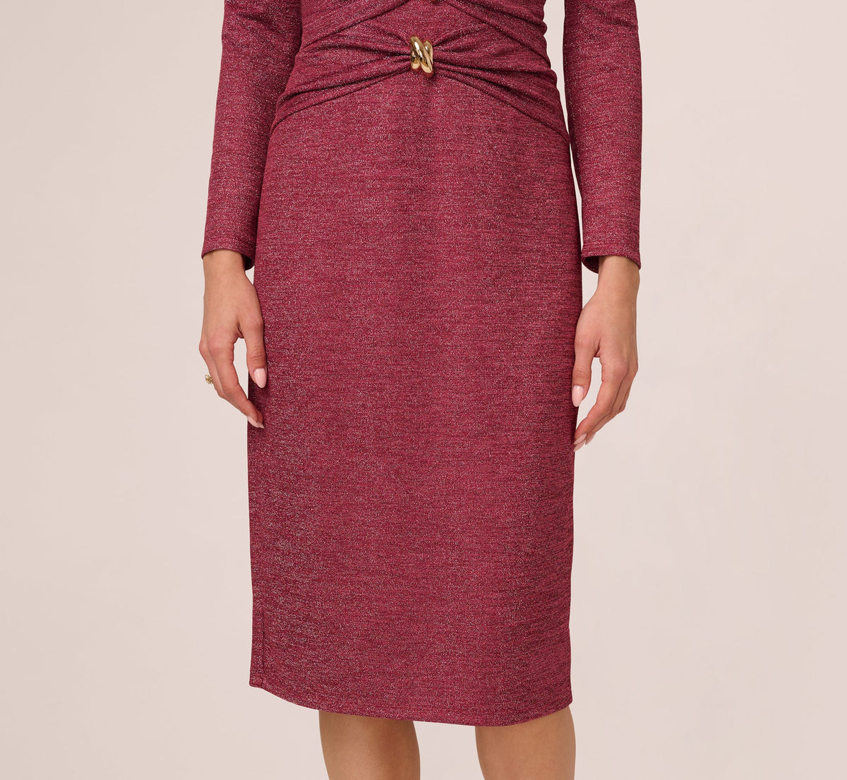 Long Sleeve Metallic Knit Midi Cocktail Dress - Crimson Haze | Adrianna Papell