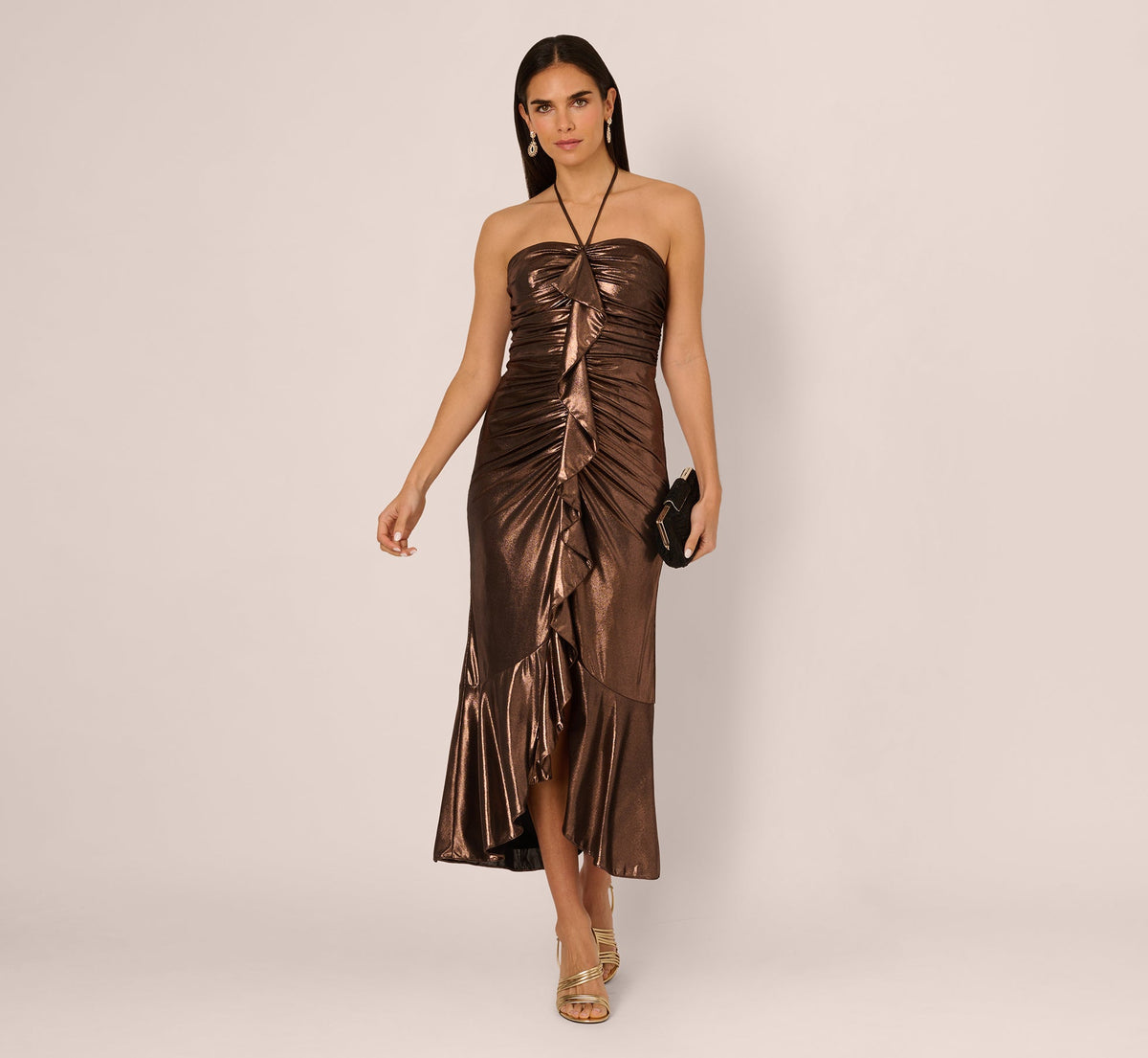 Foil Ruched Ruffle Halter Midi Dress - Cinnamon | Adrianna Papell