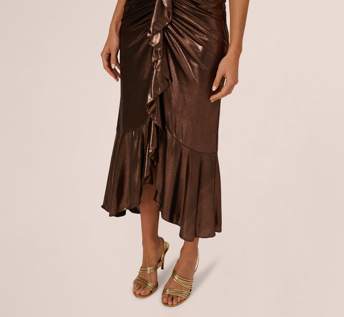 Foil Ruched Ruffle Halter Midi Dress - Cinnamon | Adrianna Papell