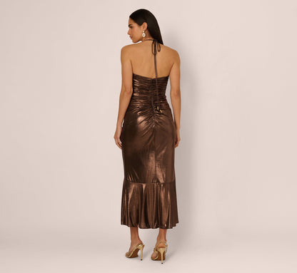 Foil Ruched Ruffle Halter Midi Dress - Cinnamon | Adrianna Papell