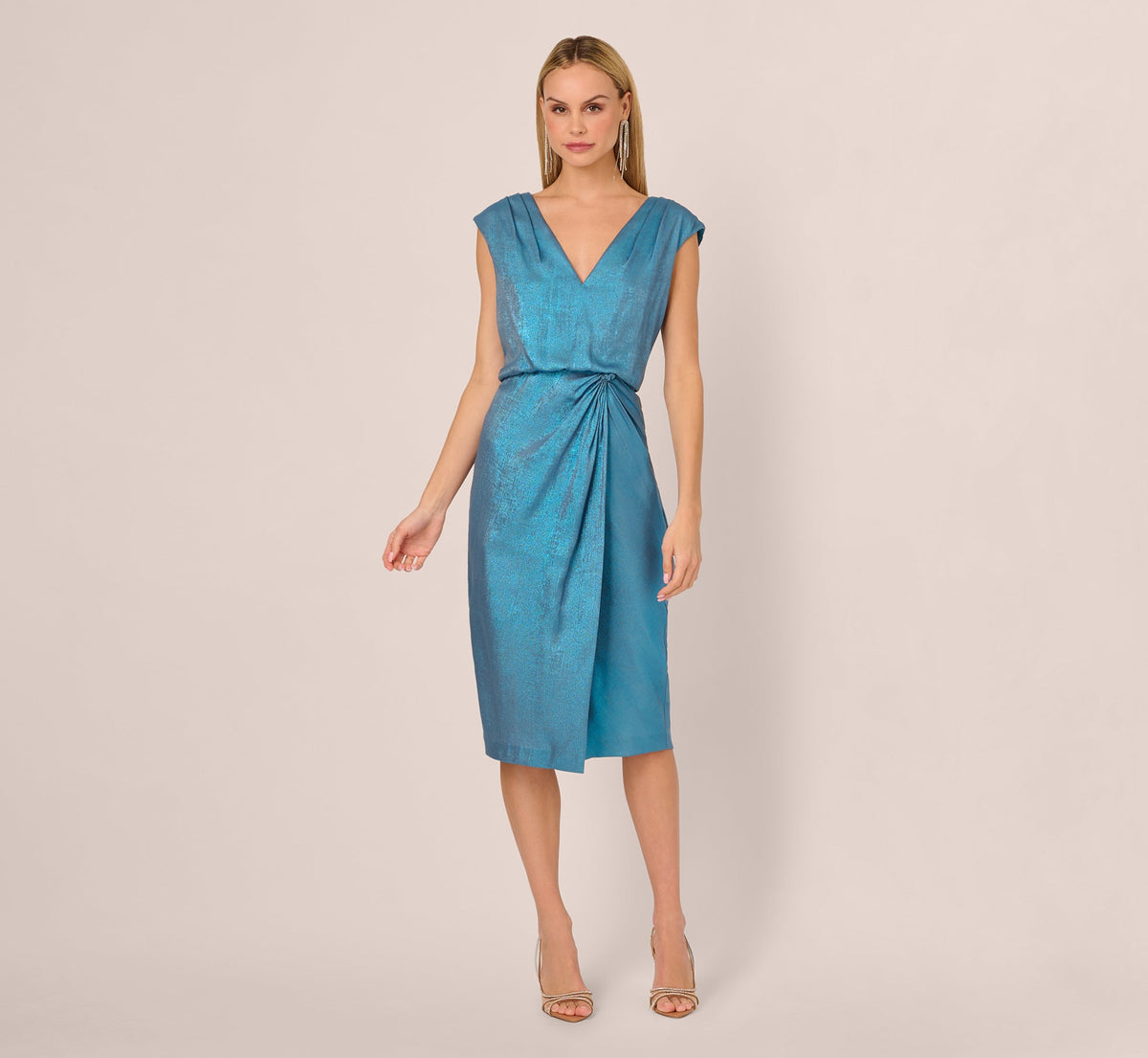 Foil Blouson Midi Dress With Faux Wrap Skirt - Ocean Dream | Adrianna Papell