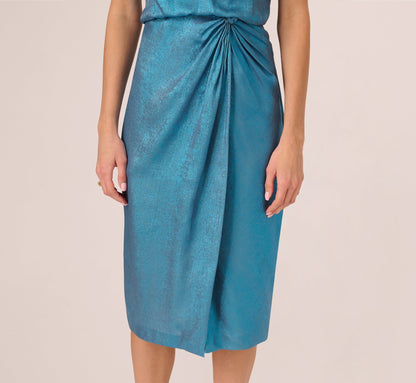 Foil Blouson Midi Dress With Faux Wrap Skirt - Ocean Dream | Adrianna Papell