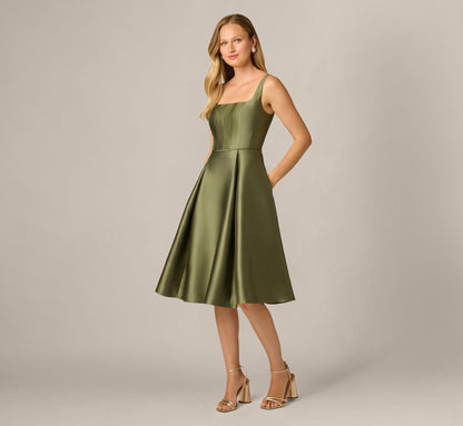 Square Neck Mikado Fit And Flare Midi Dress - Jungle Olive | Adrianna Papell