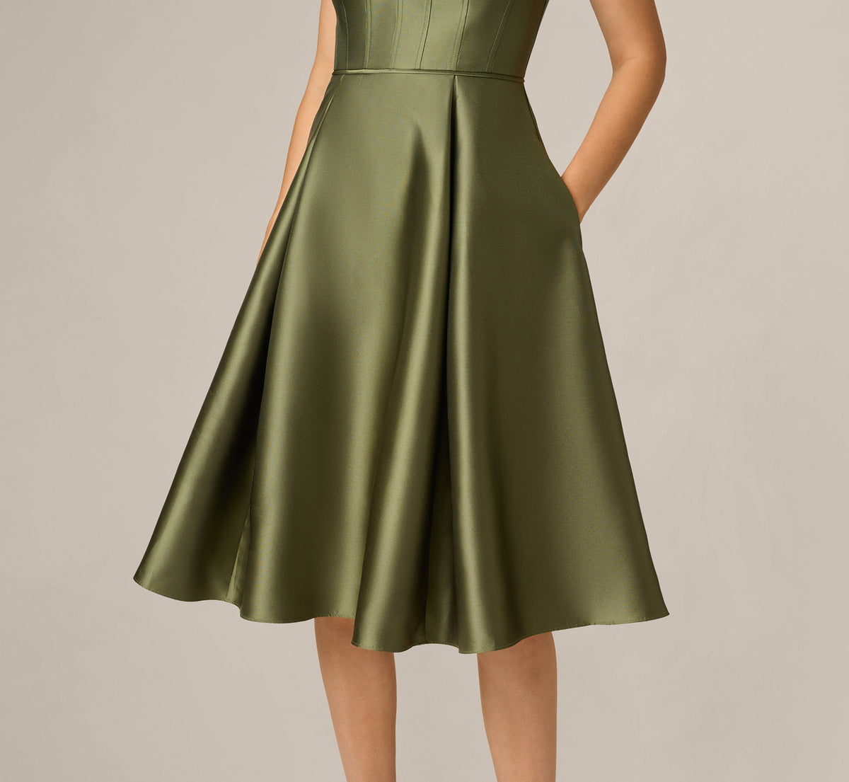 Square Neck Mikado Fit And Flare Midi Dress - Jungle Olive | Adrianna Papell