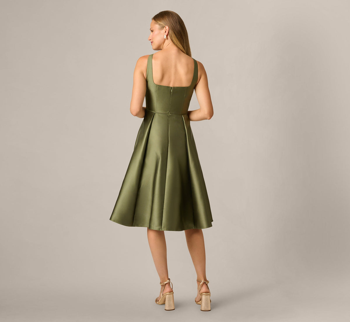Square Neck Mikado Fit And Flare Midi Dress - Jungle Olive | Adrianna Papell