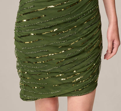 One Shoulder Draped Sequin Beaded Mini Dress - Olive Cypress | Adrianna Papell
