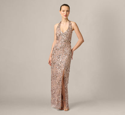 3D Floral Sequin Beaded Halter Gown - Smokey Mauve | Adrianna Papell