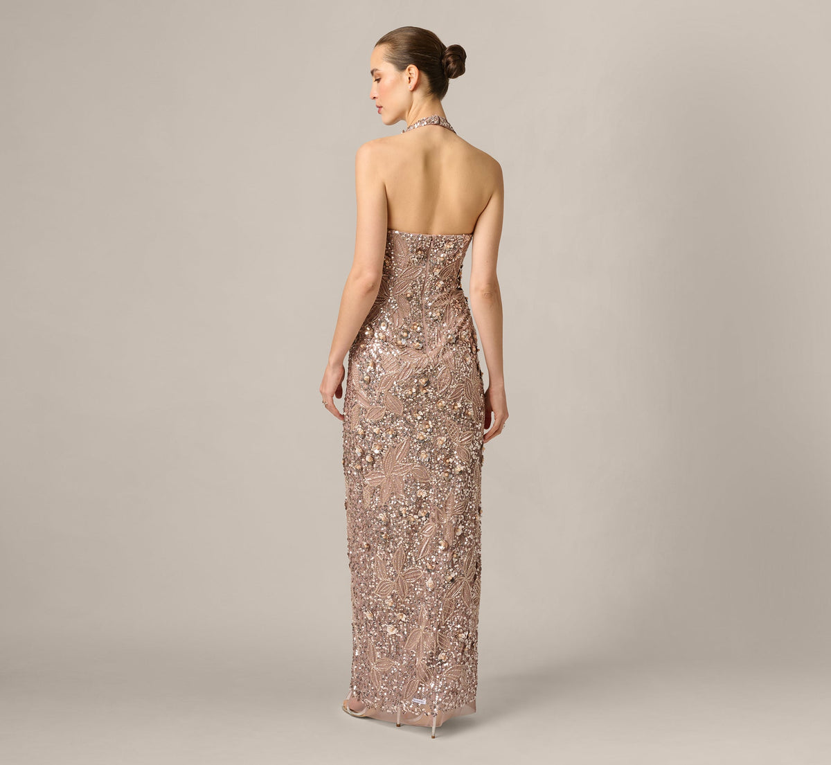 3D Floral Sequin Beaded Halter Gown - Smokey Mauve | Adrianna Papell