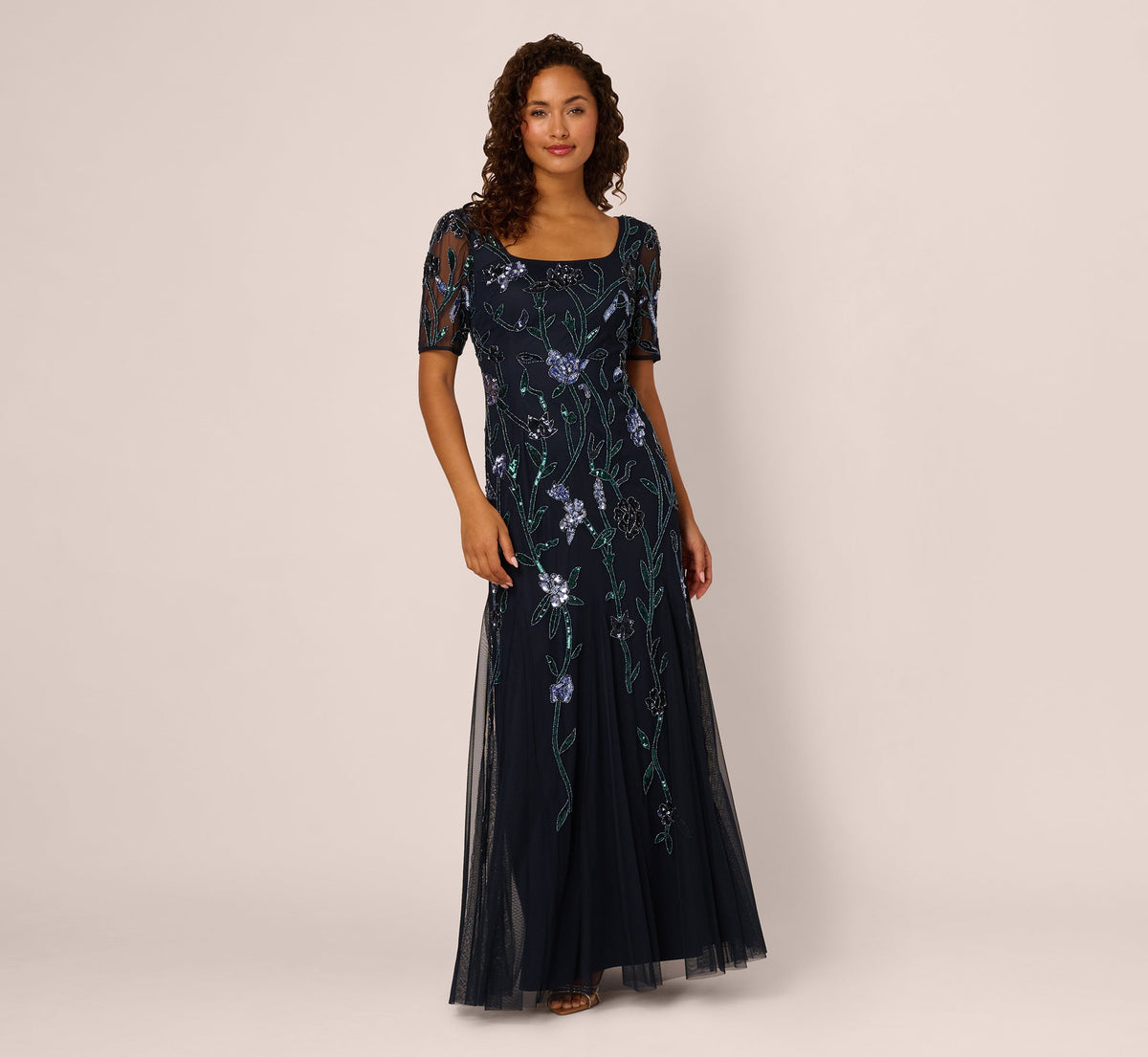 Square Neck Short Sleeve Beaded Godet Gown - Midnight Multi | Adrianna Papell