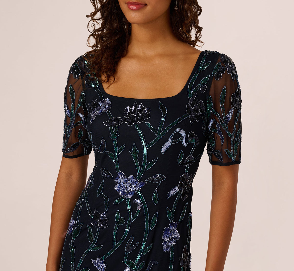 Square Neck Short Sleeve Beaded Godet Gown - Midnight Multi | Adrianna Papell