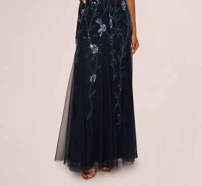 Square Neck Short Sleeve Beaded Godet Gown - Midnight Multi | Adrianna Papell