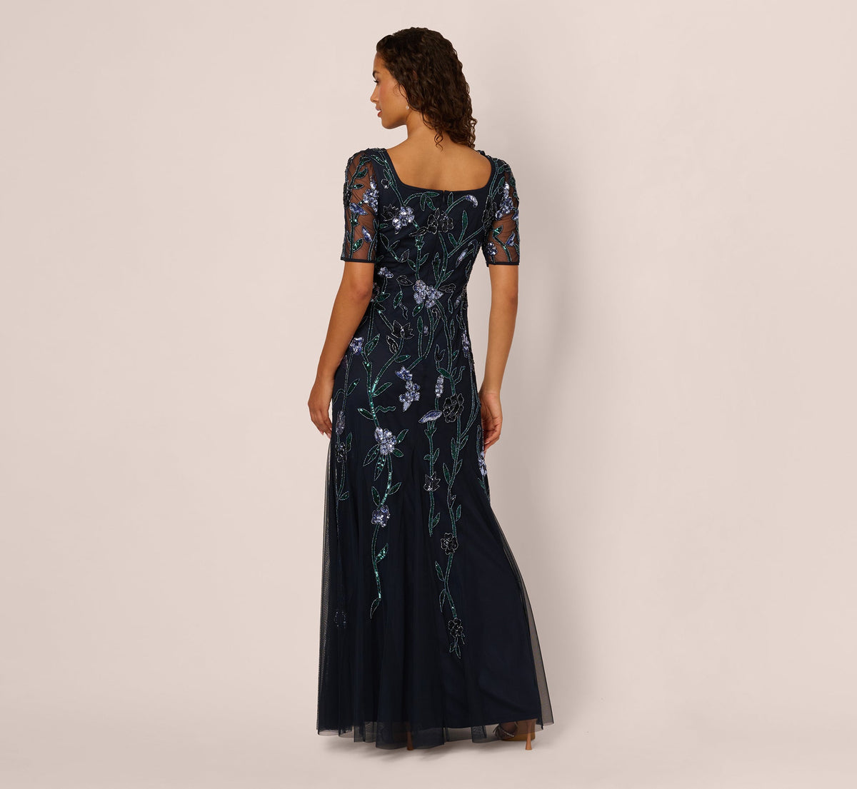 Square Neck Short Sleeve Beaded Godet Gown - Midnight Multi | Adrianna Papell