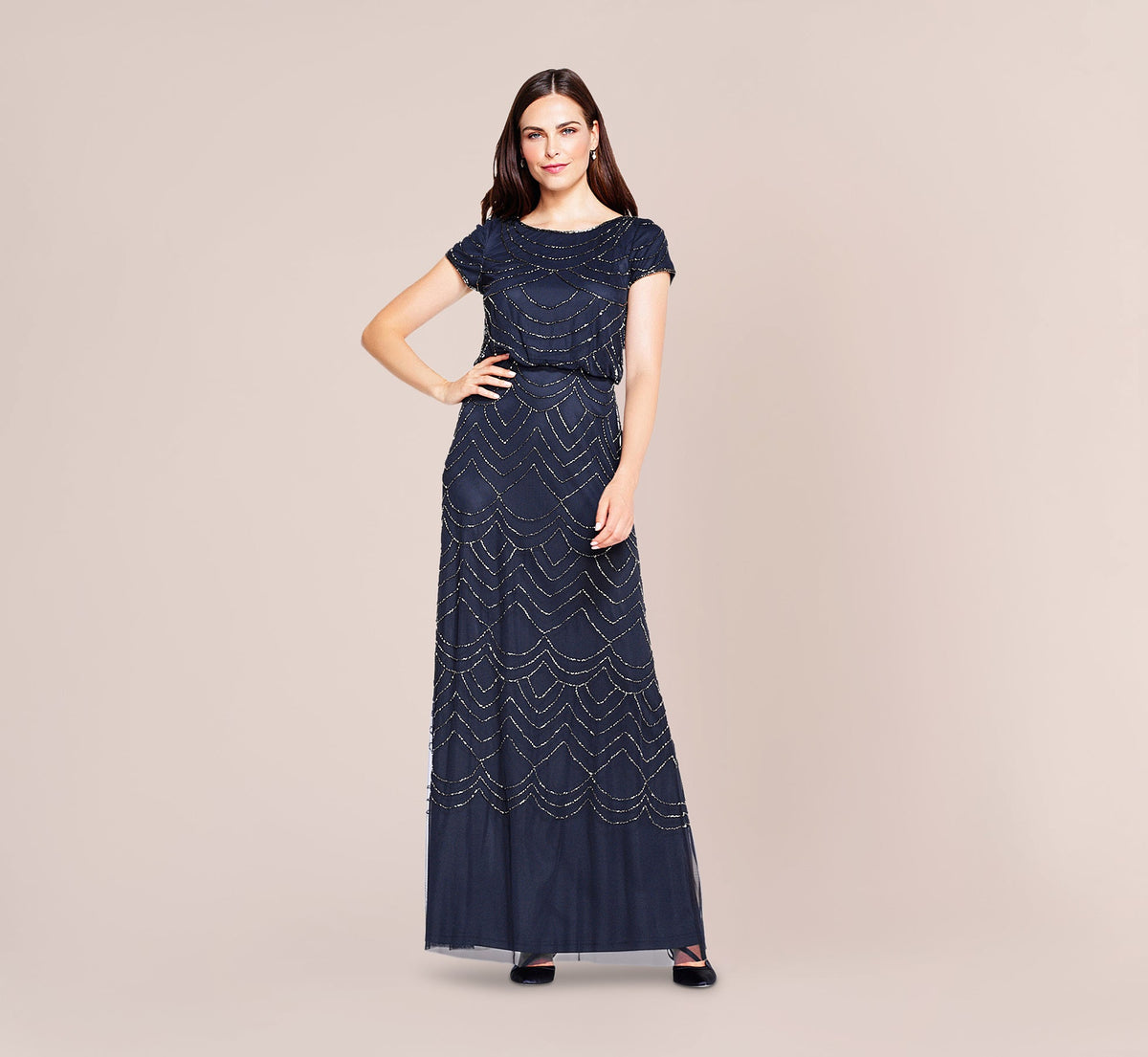 Short Sleeve Beaded Blouson Gown - Navy | Adrianna Papell