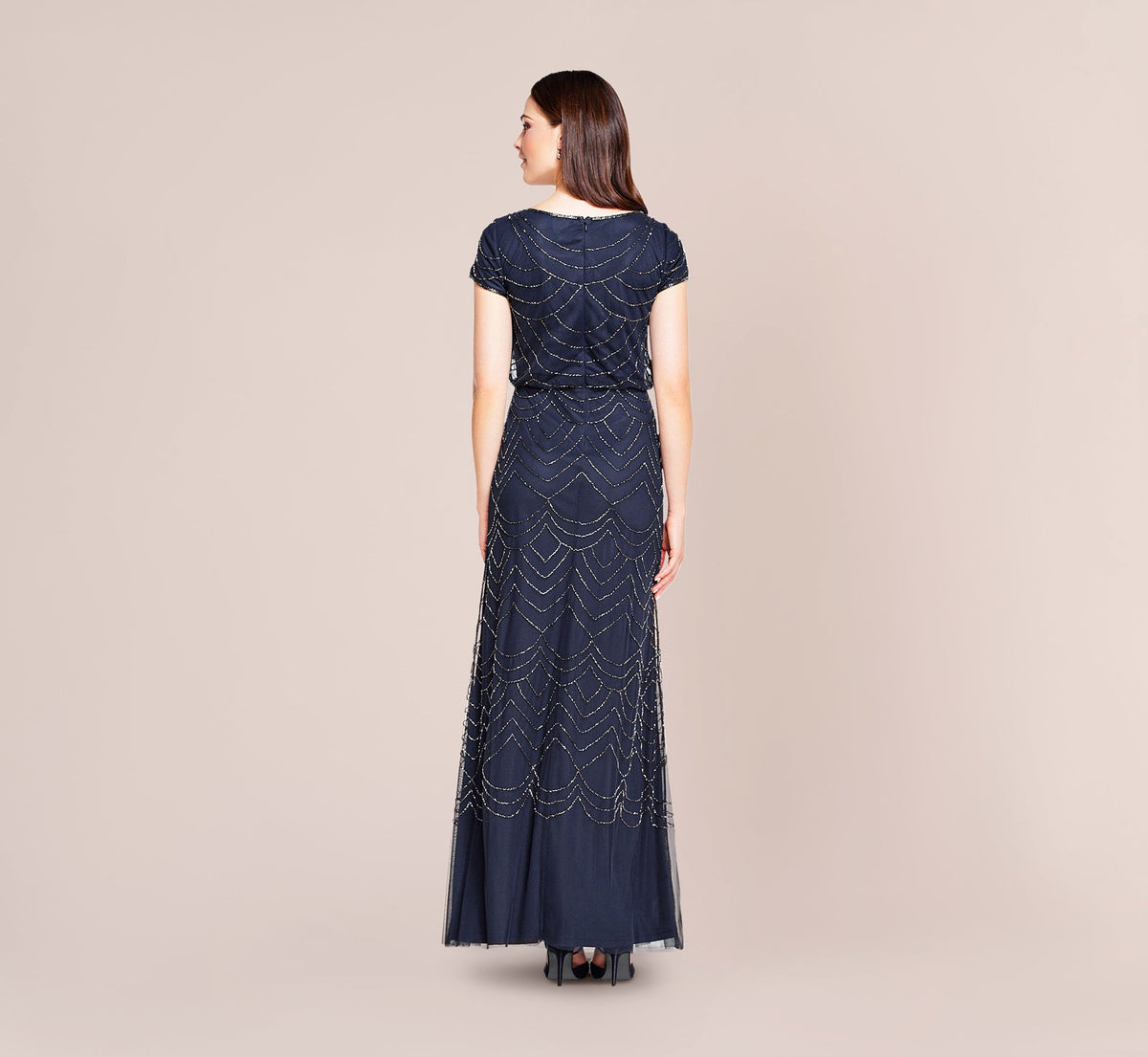 Short Sleeve Beaded Blouson Gown - Navy | Adrianna Papell