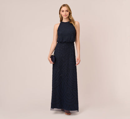 Art Deco Beaded Blouson Dress With Halter Neckline - Navy Black | Adrianna Papell