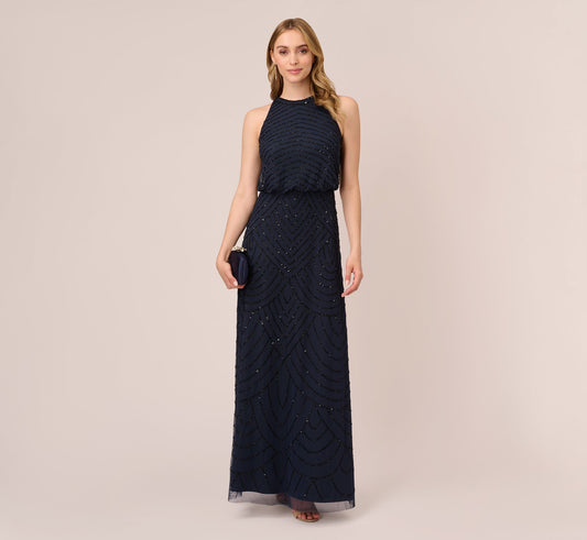 Art Deco Beaded Blouson Dress With Halter Neckline - Navy Black | Adrianna Papell