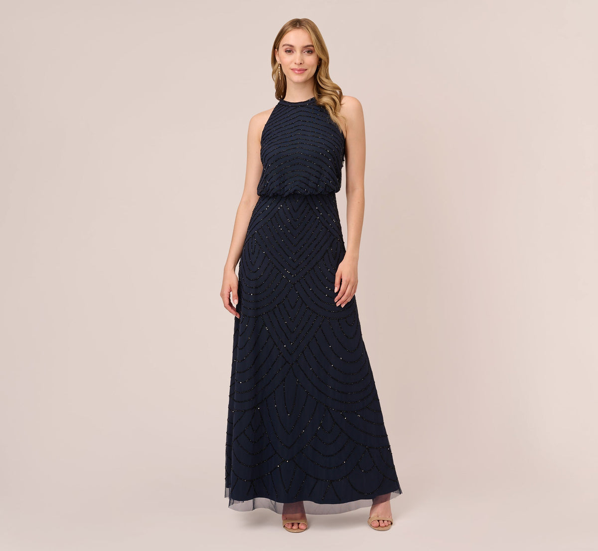 Art Deco Beaded Blouson Dress With Halter Neckline - Navy Black | Adrianna Papell