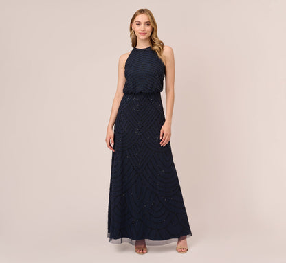 Art Deco Beaded Blouson Dress With Halter Neckline - Navy Black | Adrianna Papell