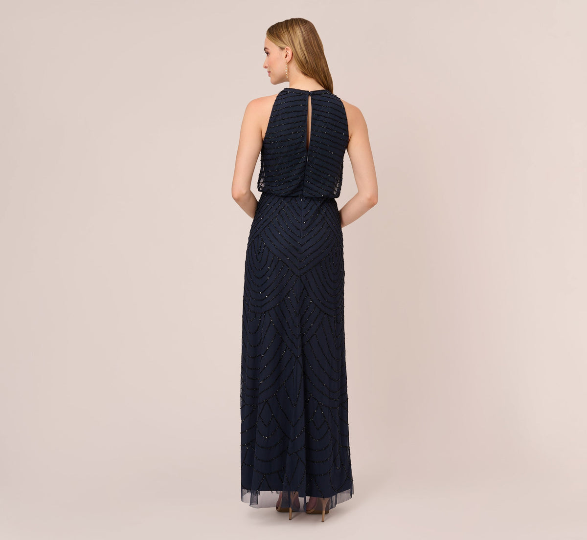 Art Deco Beaded Blouson Dress With Halter Neckline - Navy Black | Adrianna Papell