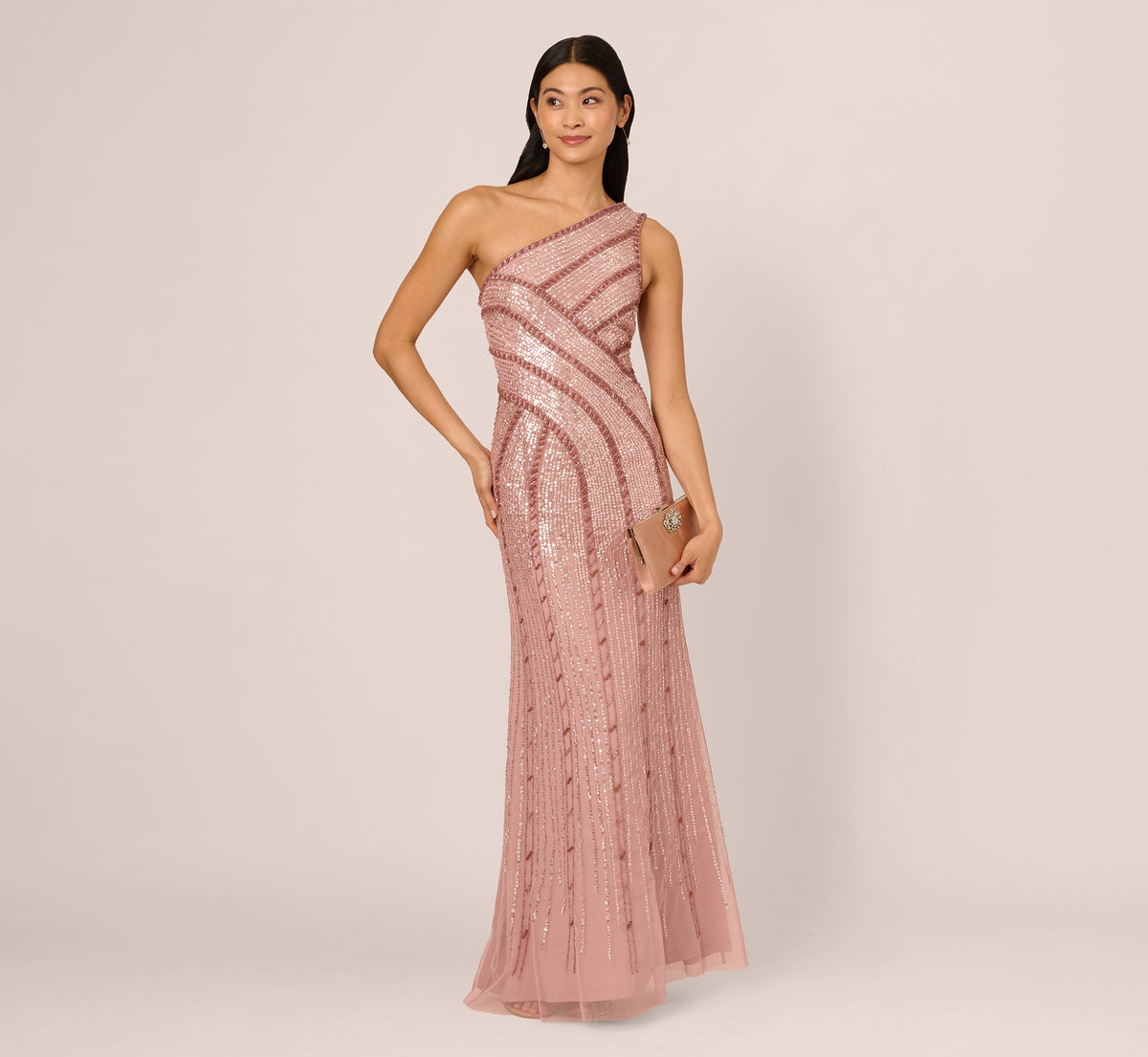 One Shoulder Beaded Sequin Mermaid Gown - Candied Ginger | Adrianna Papell