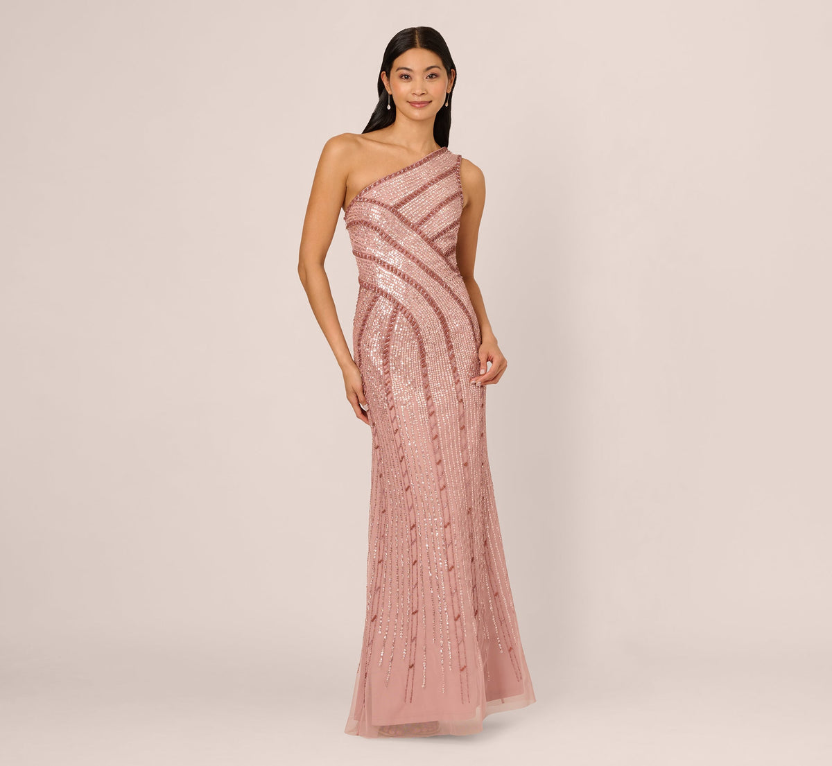 One Shoulder Beaded Sequin Mermaid Gown - Candied Ginger | Adrianna Papell