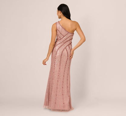 One Shoulder Beaded Sequin Mermaid Gown - Candied Ginger | Adrianna Papell