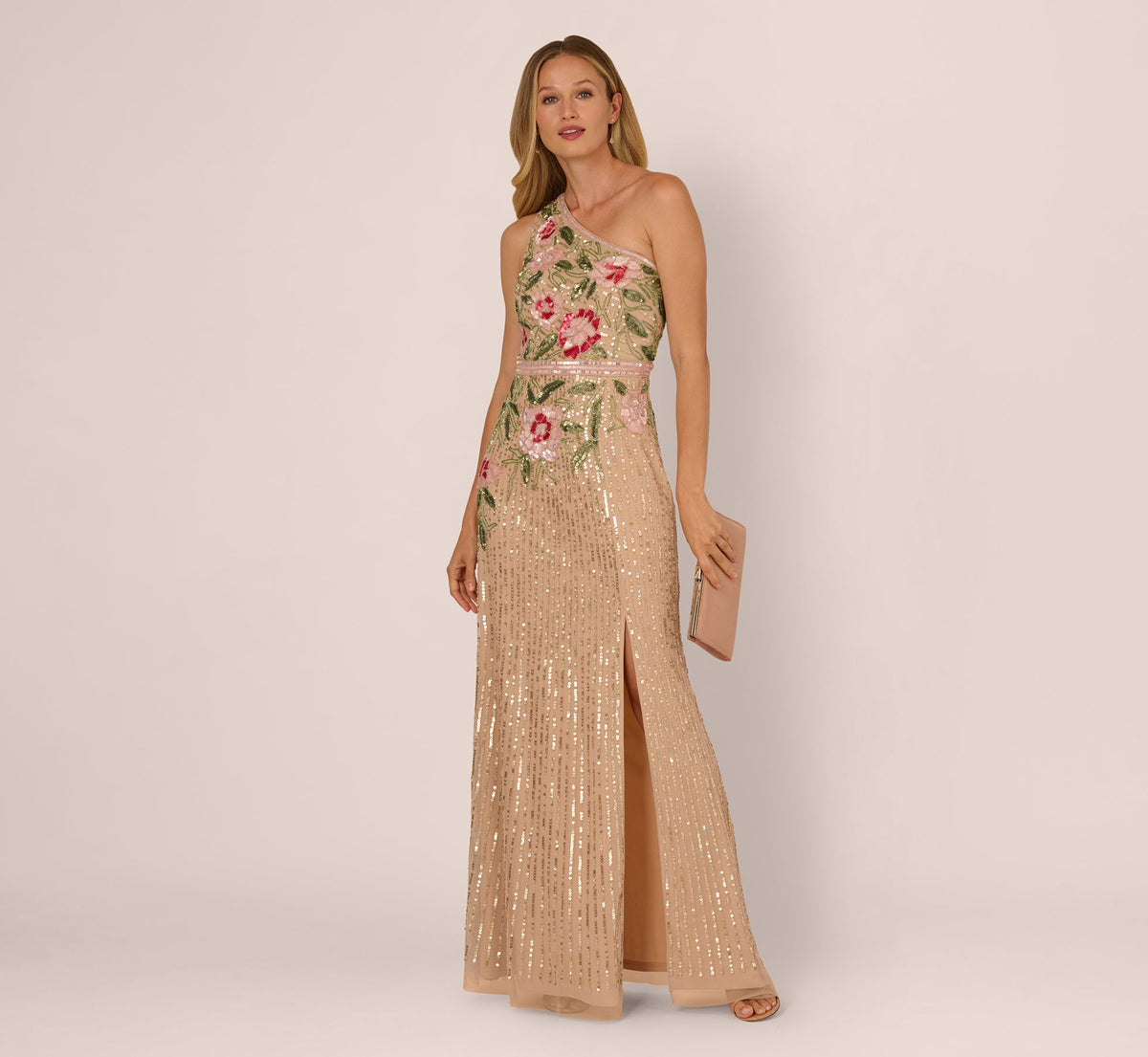 One Shoulder Floral Sequin Bead Gown - Nude Multi | Adrianna Papell