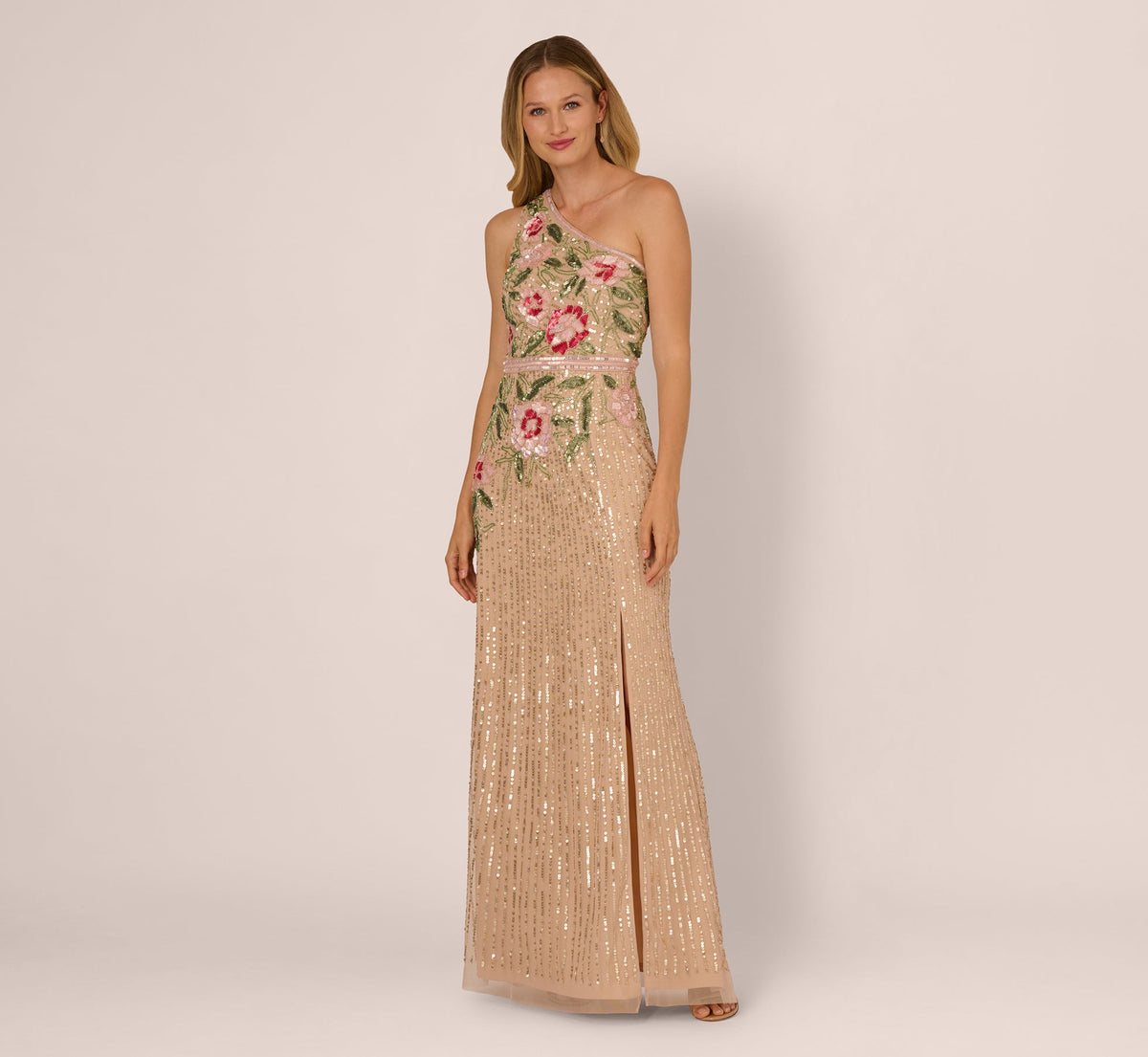 One Shoulder Floral Sequin Bead Gown - Nude Multi | Adrianna Papell