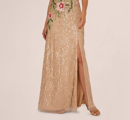 One Shoulder Floral Sequin Bead Gown - Nude Multi | Adrianna Papell