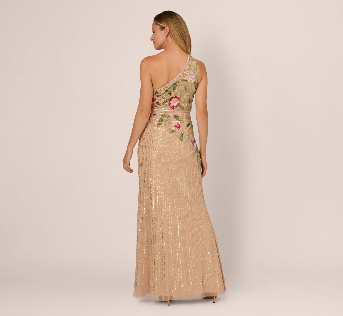 One Shoulder Floral Sequin Bead Gown - Nude Multi | Adrianna Papell