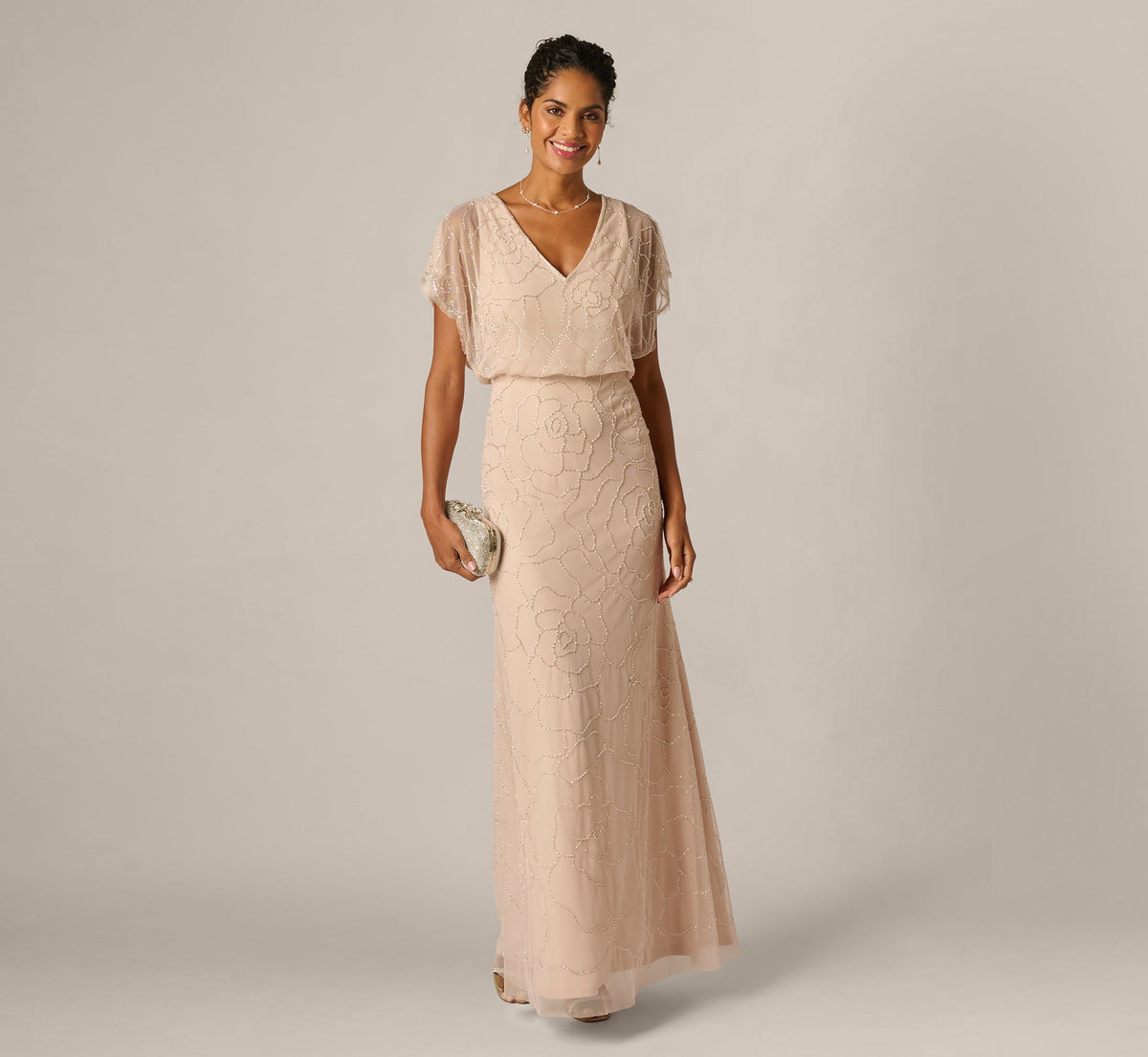 Short Sleeve Blouson Rose Floral Beaded Gown - Shell | Adrianna Papell