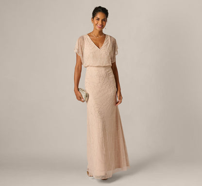 Short Sleeve Blouson Rose Floral Beaded Gown - Shell | Adrianna Papell