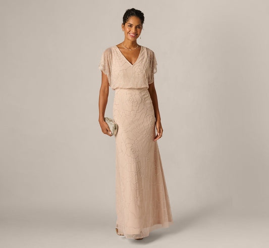Short Sleeve Blouson Rose Floral Beaded Gown - Shell | Adrianna Papell