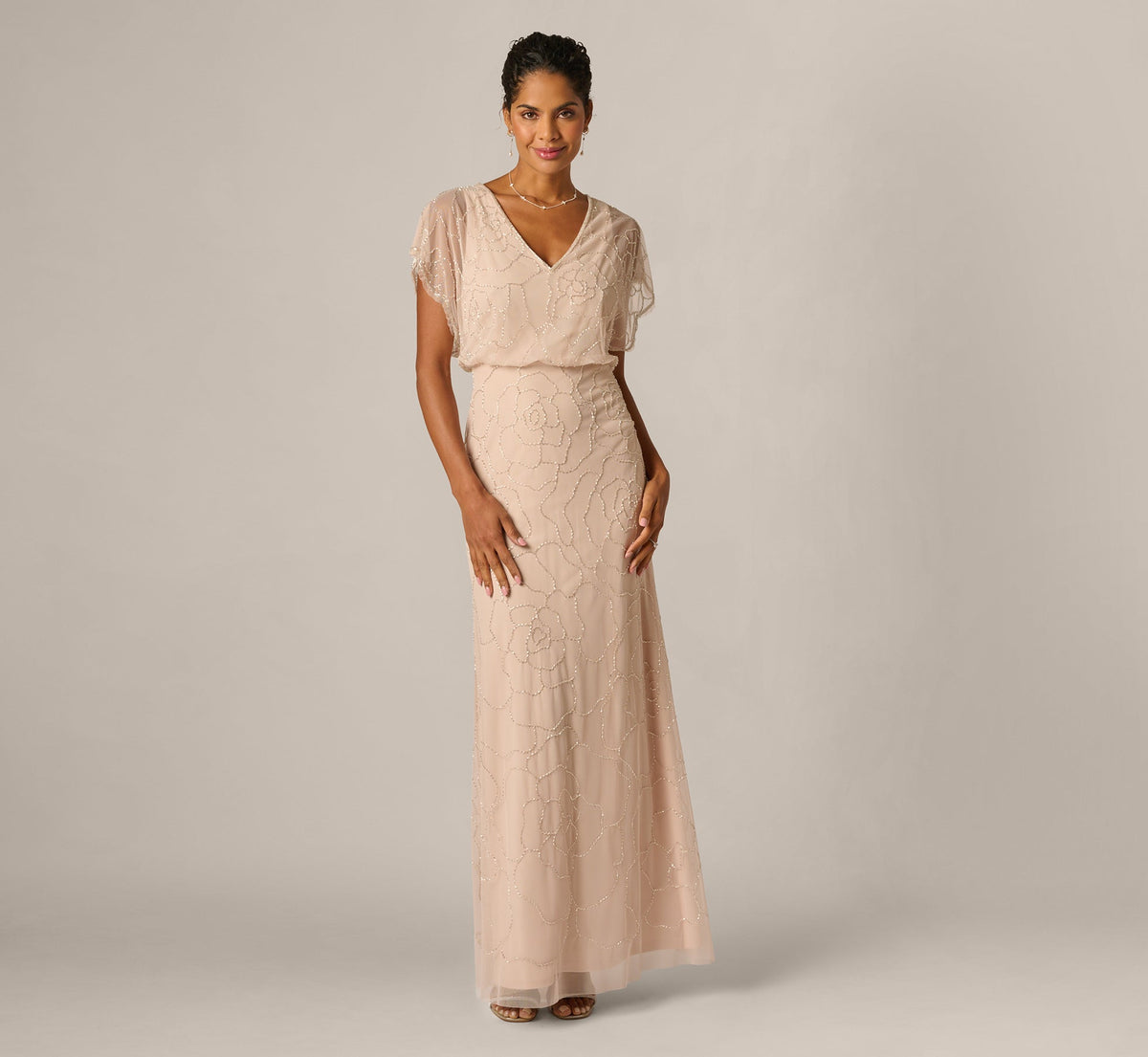 Short Sleeve Blouson Rose Floral Beaded Gown - Shell | Adrianna Papell