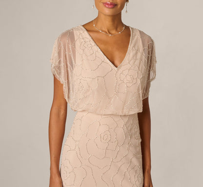 Short Sleeve Blouson Rose Floral Beaded Gown - Shell | Adrianna Papell