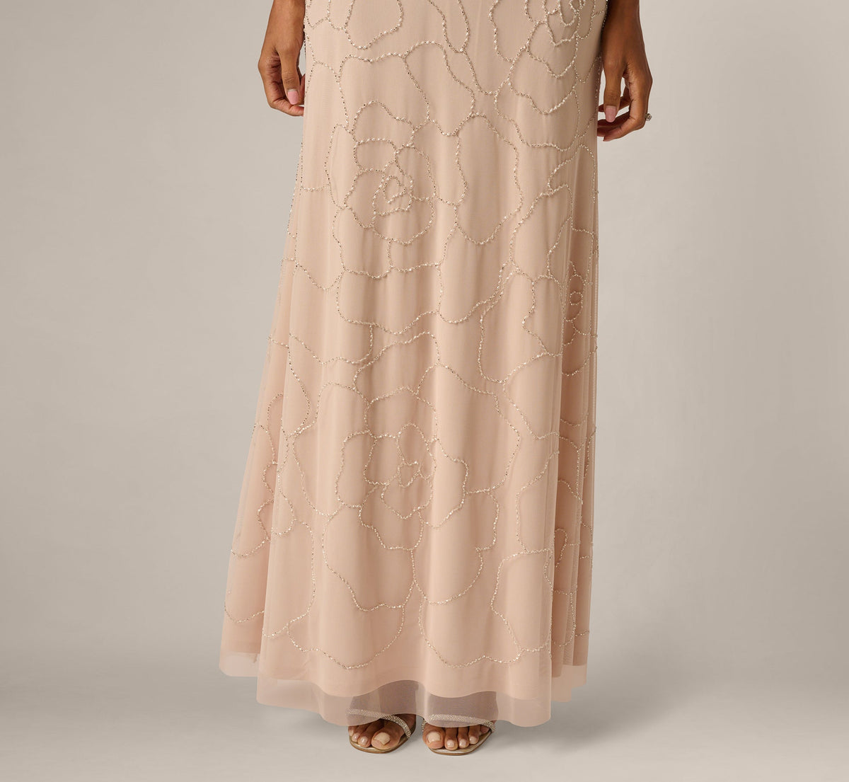 Short Sleeve Blouson Rose Floral Beaded Gown - Shell | Adrianna Papell