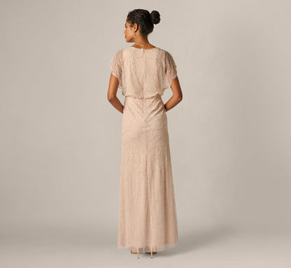Short Sleeve Blouson Rose Floral Beaded Gown - Shell | Adrianna Papell