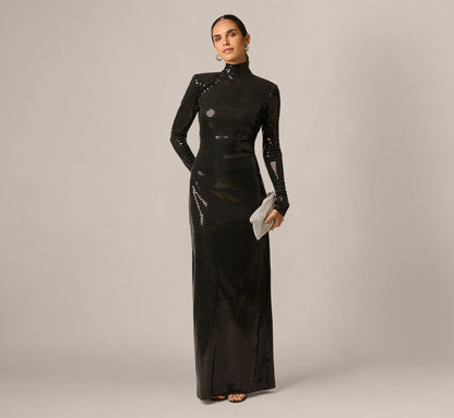 Long Sleeve Shimmer Knit Open Back Gown - Black | Adrianna Papell