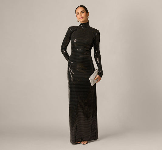 Long Sleeve Shimmer Knit Open Back Gown - Black | Adrianna Papell