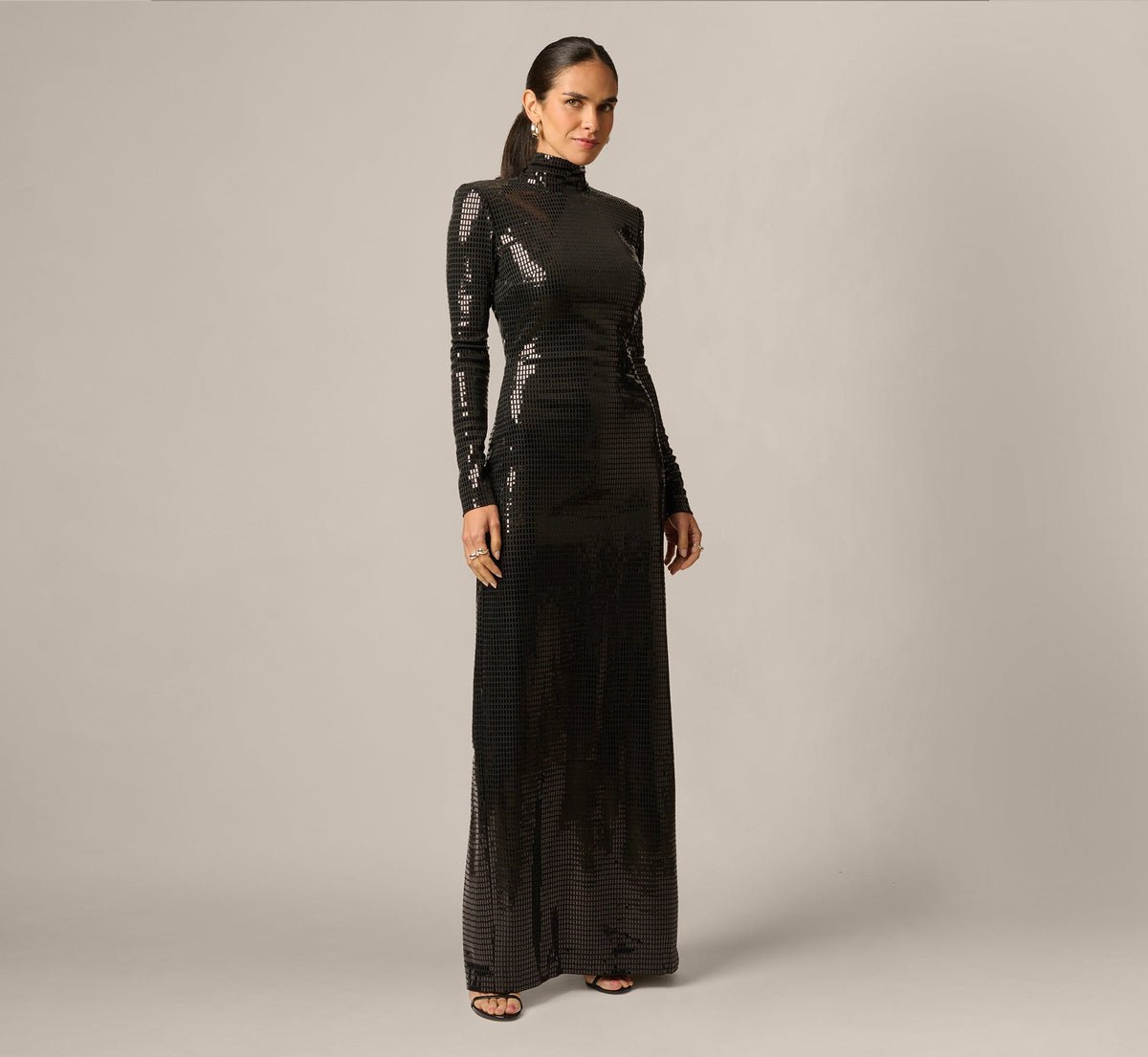Long Sleeve Shimmer Knit Open Back Gown - Black | Adrianna Papell