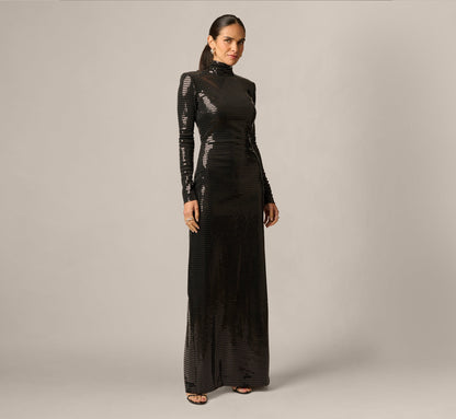 Long Sleeve Shimmer Knit Open Back Gown - Black | Adrianna Papell