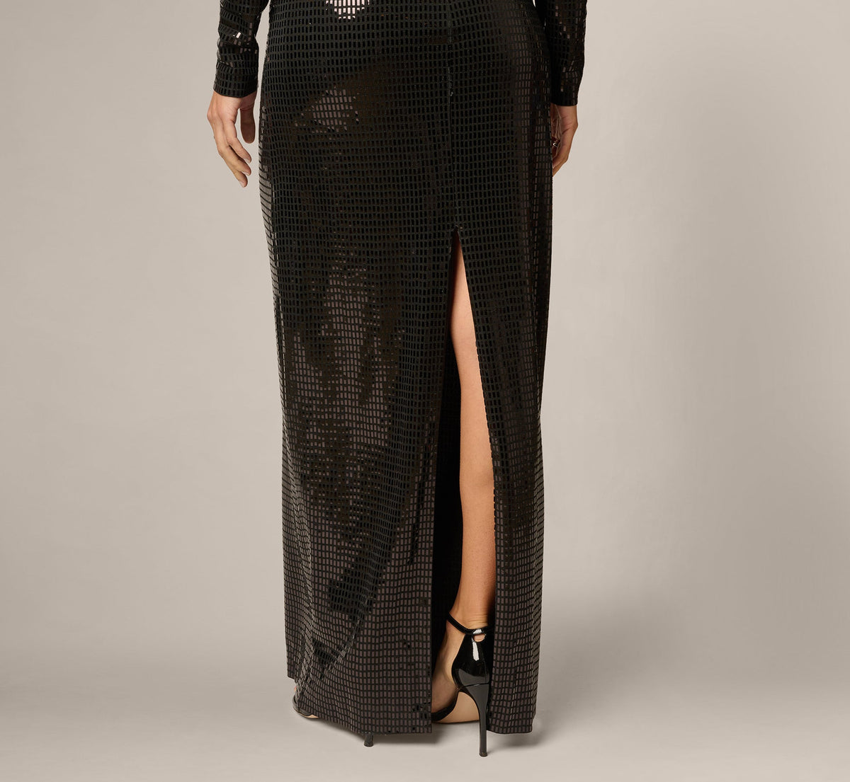 Long Sleeve Shimmer Knit Open Back Gown - Black | Adrianna Papell