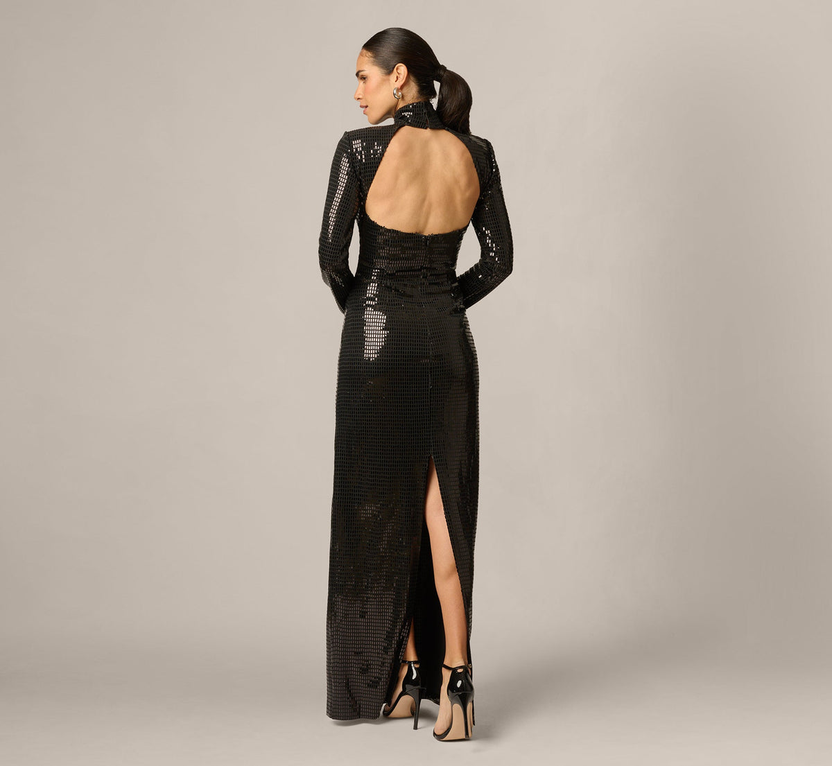 Long Sleeve Shimmer Knit Open Back Gown - Black | Adrianna Papell