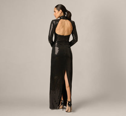 Long Sleeve Shimmer Knit Open Back Gown - Black | Adrianna Papell