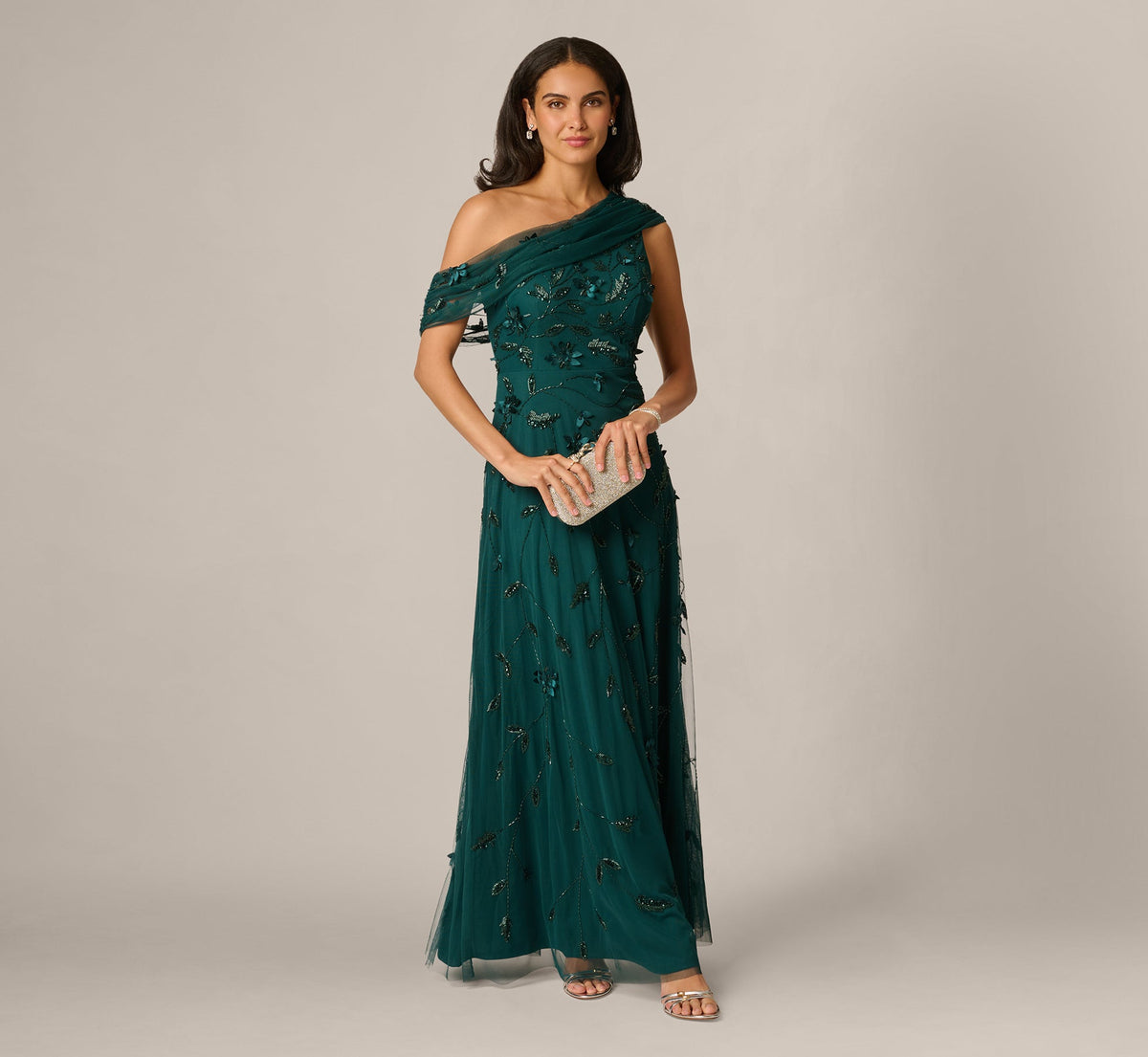 One Shoulder Draped Floral Beaded Gown - Gem Green | Adrianna Papell